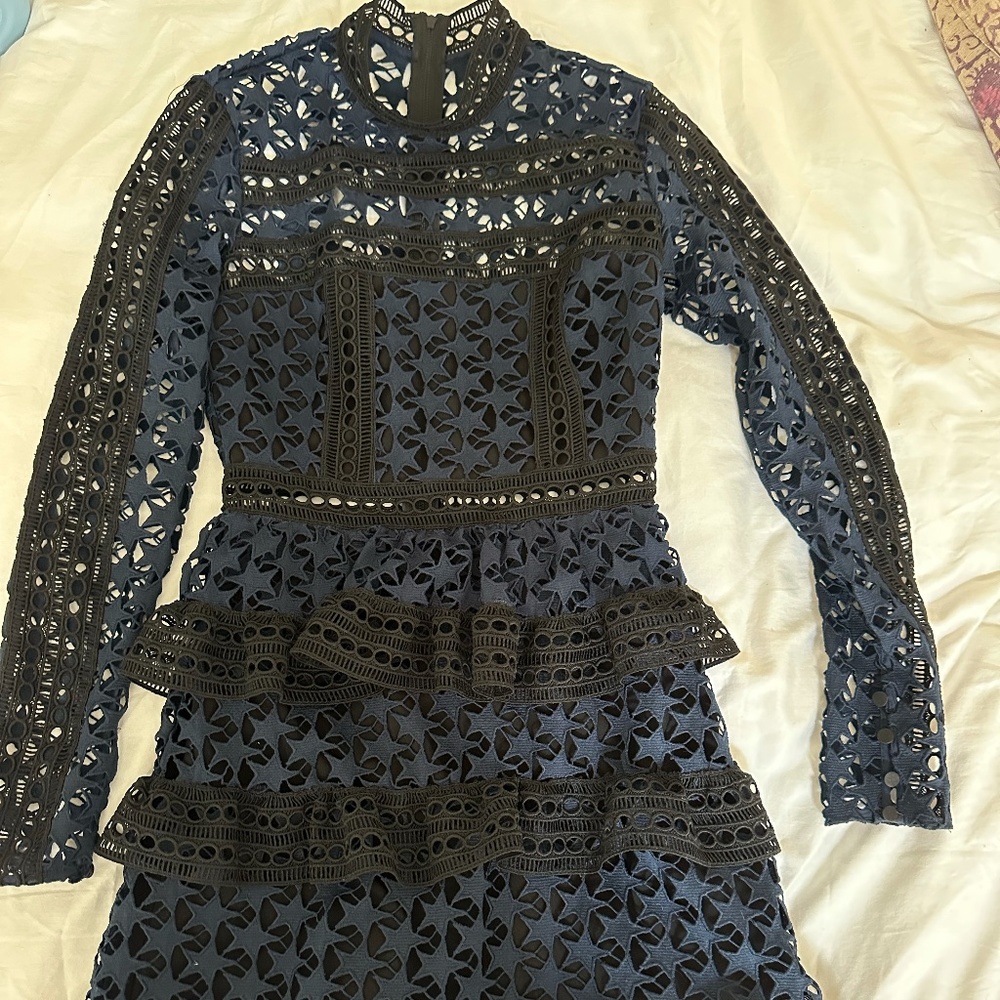 SELF-PORTRAIT Guipure Star Lace Mini Dress Size 4 Black & Navy